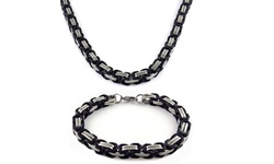 Men's Black Rhodium Plated 2 Tone Byzantine Necklace and Bracelet Set