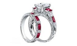 Tri Stone Ruby Emerald Cut Engraved Ring and Band Set