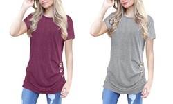 Women's Casual Tunic Top Short Sleeve Blouse T-Shirt Button Decor