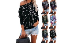 Women's Long Sleeve Off Shoulder Shirts Tie Dye Printed Loose Blouses Tops