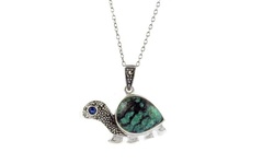Genuine Turquoise and Marcasite Sterling Silver Turtle Necklace
