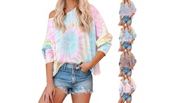 Women's Tie-Dyed Shirt Gradient Color Printing Long Sleeve Round Neck T-shirt