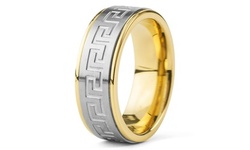 Men's Gold Plated Stainless Steel Silver Greek Key Band Ring