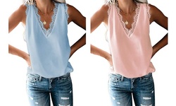 Women's Summer Solid Color Lace V-neck Sleeveless Top Chiffon Vest
