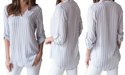 Reflection Women's Printed Notch-Neck Roll Tab Blouse. Plus Sizes Available.