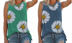 Women Daisy Printed Shirt Sleeveless T-Shirt Tops Tank Blouse