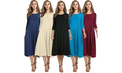 Fashion Ladies Sexy Loose Round Neck Sleeve Solid Color Dress