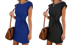 2019 New Stylish Women Loose Round Neck Dress Short Sleeve Solid Color Dress