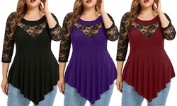 Women's Plus Size Floral Lace Tops Asymmetric Swing Tunic Causal O-Neck T Shirt