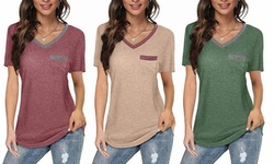 Women's Pocket Summer Tops Short Sleeves V Neck T Shirt Casual Basic Tees