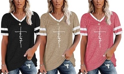 Women's Short Sleeve Faith Print T Shirt Casual Striped Color Loose Tee Tops