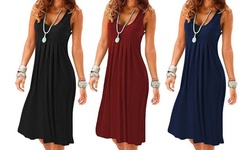 Women's Sleeveless Pleated Loose Swing Casual Dress with Pockets