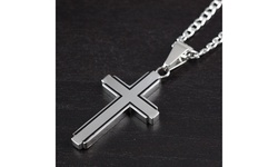 Men's Stainless Steel Black Inlay Cut-out Cross Pendant