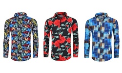 Suslo Couture Men's Printed Floral Fashion Stretch Long Sleeve Button Down Shirt