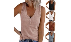 Women V Neck Tank Tops Ribbed Sleeveless Henley Shirts Button Up Cami Knit Tees