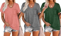 Women Summer T Shirts Short Sleeve Rounded V Neck Pocket Tee Tops