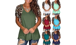 Women's Fashion V-neck Leopard Stitching Short-Sleeved T-shirt Top