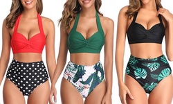 Women Vintage Swimsuit Two Piece Retro Halter Ruched High Waist Bikini Set