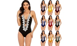 Women's Lace Cross One Piece Swimsuit Tummy Control Beach Swimwear