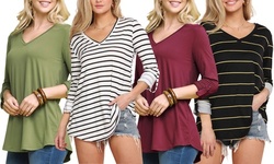Women's Roll Up Sleeve V-Neck Top. Plus Size Available.