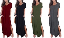 Women's Casual Loose Pocket Long Dress Short Sleeve Split Maxi Dresses