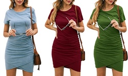 Women Crew Neck Short Sleeve Ruched Stretchy Bodycon T Shirt Short Mini Dress