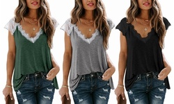 Women V Neck Lace Trim Patchwork Short Sleeve Tops Casual Blouse T Shirts
