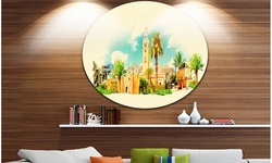 Marakesh Panoramic View' Disc Cityscape Watercolor Circle Metal Wall Art
