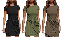 Women Short Sleeve Round Neck Pleated Bow Belt Irregular Dresses
