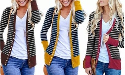 Women's Button Down Striped Long Sleeve Knit Cardigan Slim Fit Jackets