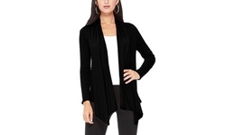 Long Sleeve Relaxed Loose Fit Draped Neck Open Front Waist Length Solid Cardigan