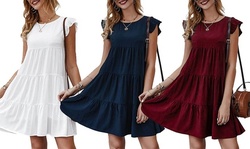 Women's Summer Mini Dress Ruffle Sleeve Loose Fit Flowy Pleated Dress