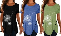 Women Fashion Dandelion Print Summer Tees Shirts Short Sleeve irregular Tops 