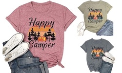 Women Happy Camper Letter Print T-Shirt Short Sleeve Casual Camping Tee Tops