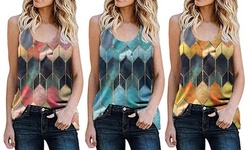 Women Geometric Pattern Round Neck Tee Camisole Sleeveless Summer Tank Top
