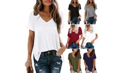 Womens Summer Short Sleeve T Shirts V Neck Tunic Roll Up Tops Cute Tees