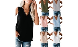 New Women's V Neck Lace Trim Tank Tops Casual Loose Sleeveless Blouse Shirts