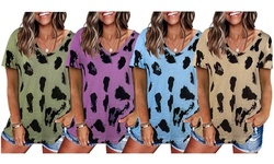 Haute Edition V Neck Women's Leopard Print Summer Casual Tee