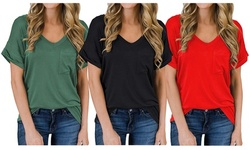 Haute Edition Women's Loose Relaxed Fit V-Neck Summer Top T-Shirt With Pocket