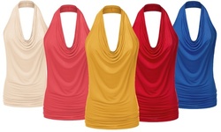 Doublju Women's Sleeveless Halter Neck Draped Blouse Tops