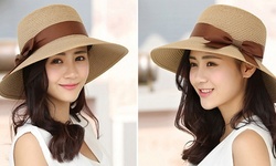 Womens UPF50 Foldable Summer Straw Hat Wide Brim Fedora Sun Beach Hat