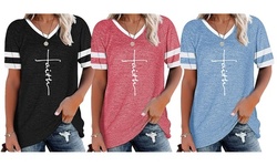 Women's Short Sleeve Faith Print T Shirt Casual Striped Color Loose Tee Tops