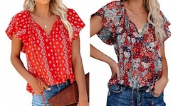 Women's Boho V Neck Tops Drawstring Short Sleeve T Shirt Blouses