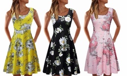 Women's Summer Floral Printed Sleeveless Round Neck A-Line Tank Midi Dress