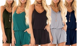 Womens Summer Loose V Neck Spaghetti Strap Short Jumpsuit Rompers