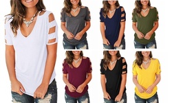 Cold Shoulder Shirt Hollow Out Cross Short Sleeve Tunic Summer Tops
