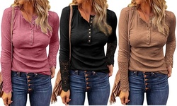 Womens Ribbed Knit Long Sleeves Lace Tops V Neck Button Casual Slim Fit Blouses