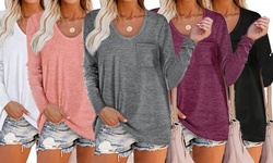 Women's T Shirts Long Sleeve Rounded V Neck Pocket Tee Tops