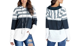 Women Hooded Pullover Tunics Striped Color Block Long Sleeve Knit Drawstring 