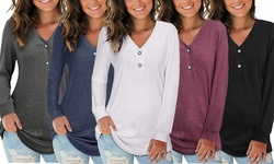 LESIES Women's V-Neck Button Shirt Causal Long Sleeve Henley Blouse Loose Shirt